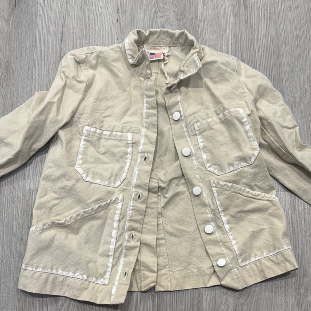 Tan and White Jean Jacket with Relaxed Fit and Stand-up Collar